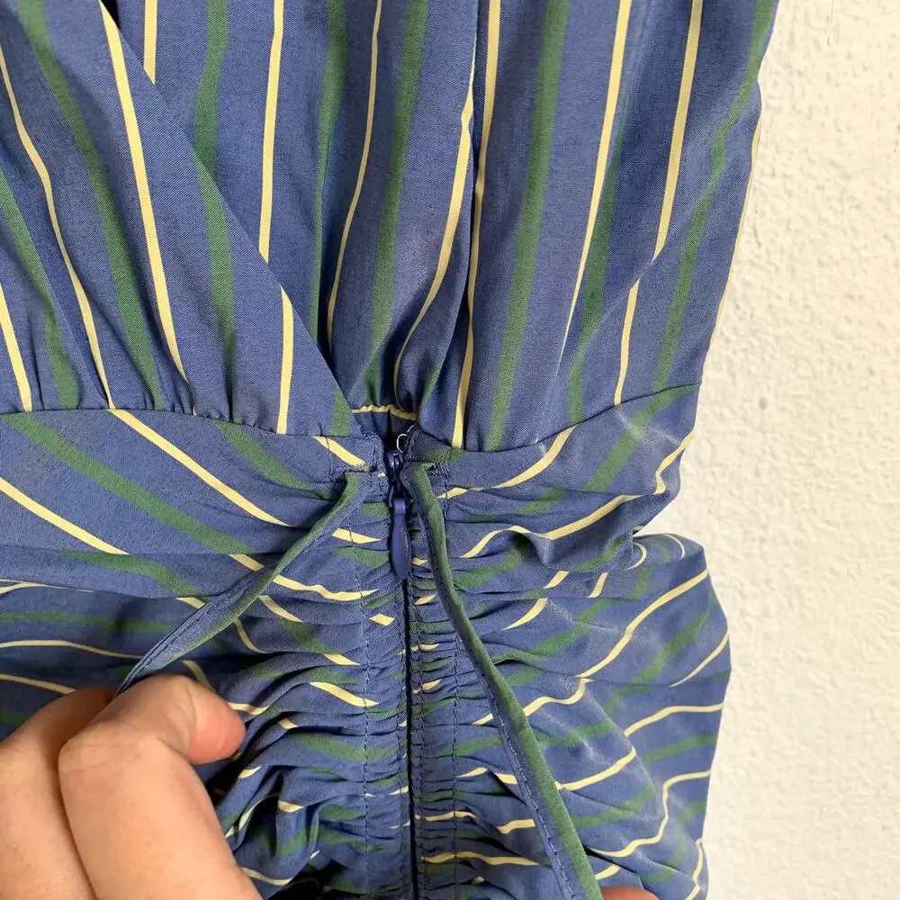 NWT Veronica Beard Teagan Stripe Ruched V-Neck Midi Dress in Blue/Kelly Green - Picture 9 of 15